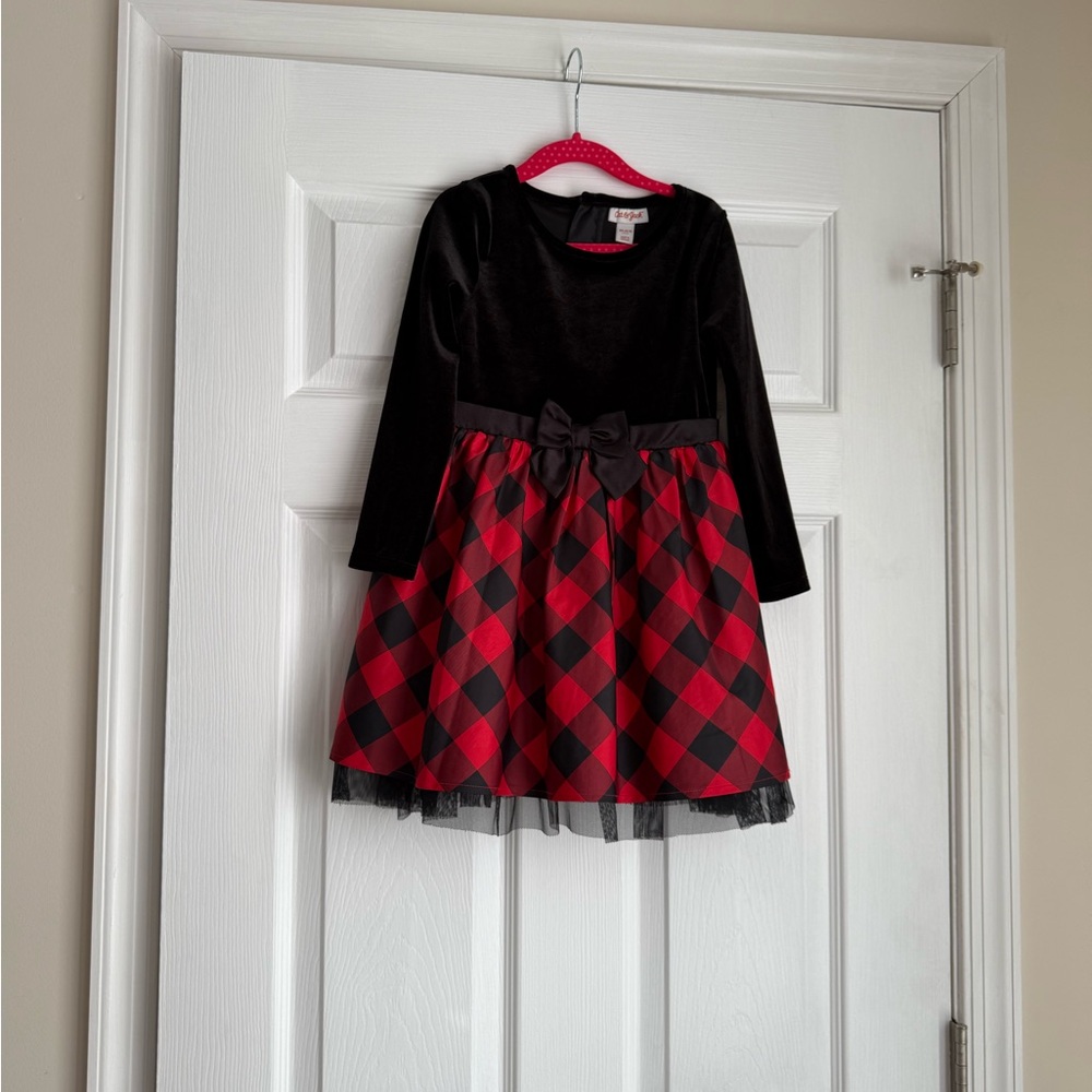 Cat & Jack Black Velvet Dress with Buffalo Checkered Print XS 4/5